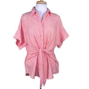 Lauren by Ralph Lauren Orange & White Striped Linen Tie Front Shirt Large